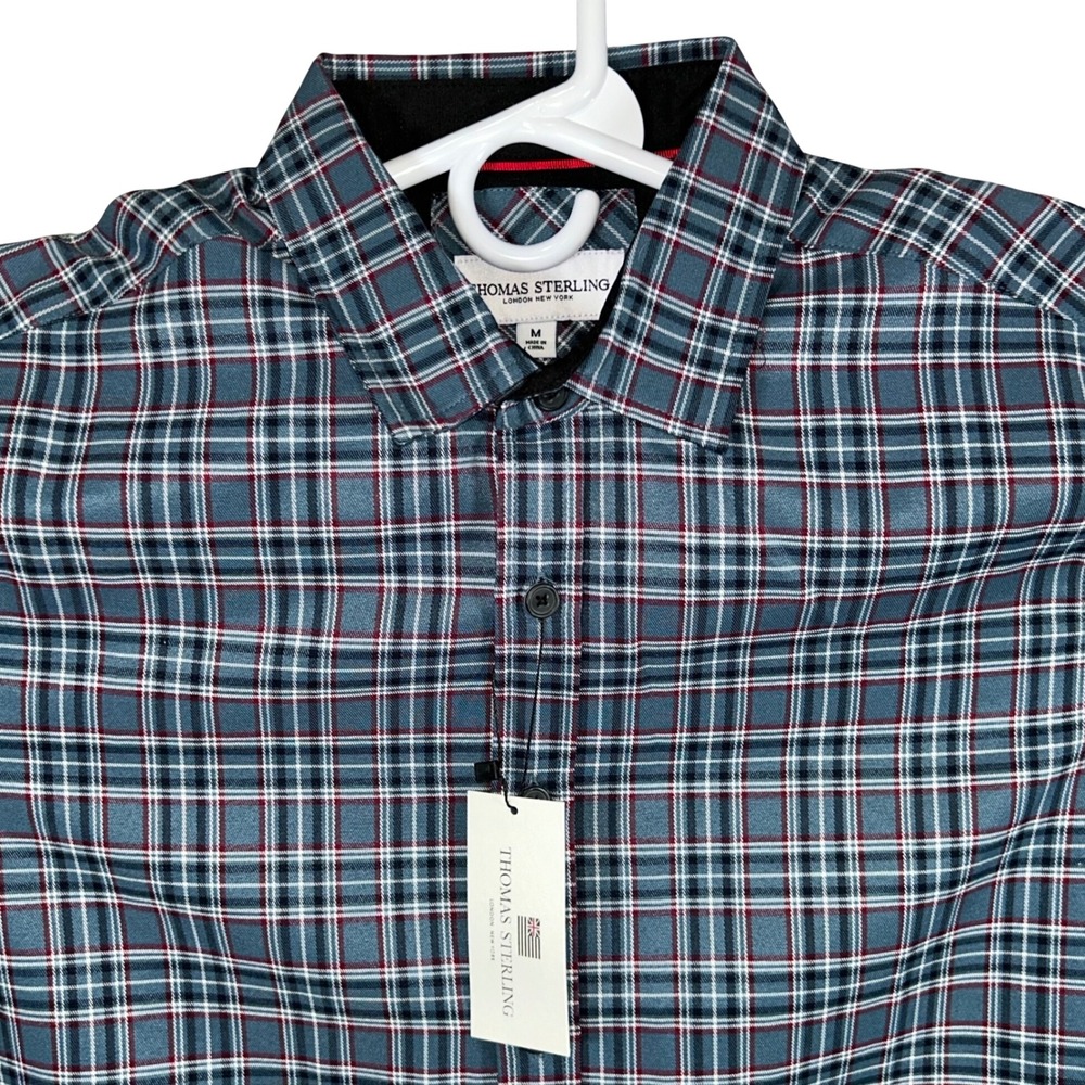 Thomas Sterling Mens Plaid Button Down Shirt Blue Red White Long Sleeve Size M